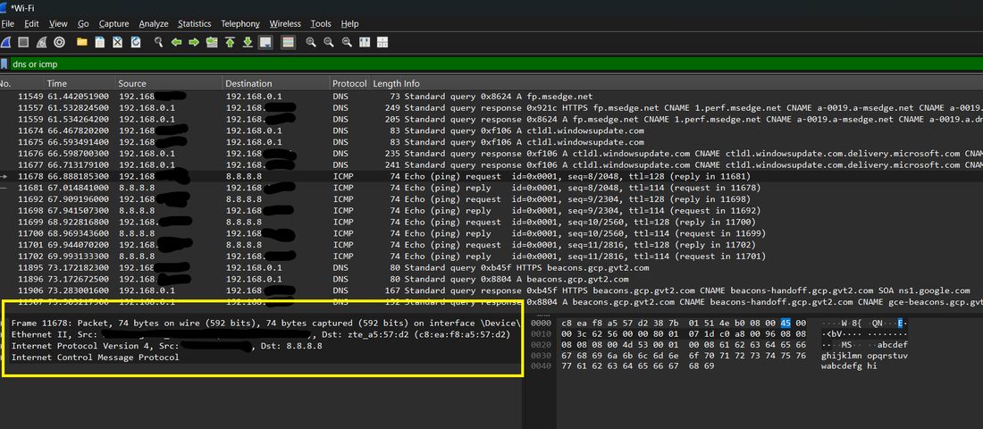 Bir yakalama aracının arayüzünde ICMP paketlerinin listesi: her satır tek bir paket, sütunlarda zaman damgası, kaynak, hedef ve protokol. traceroute ile ping’in ürettiği mesajlar kayıtta böyle görünüyor.